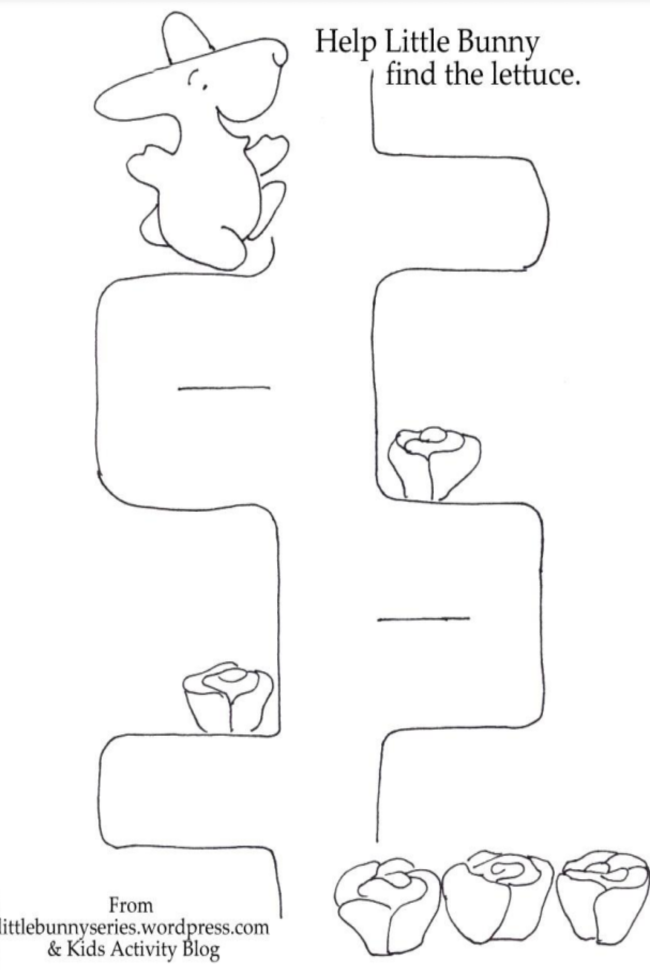 Labyrinthe imprimable facile pour les tout-petits et les enfants d'âge préscolaire avec un lapin et des bottes de laitue fichier pdf