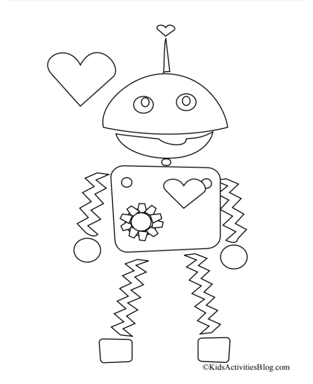 Robot Saint Valentin coloriage page imprimée fichier pdf avec un coeur et un robot
