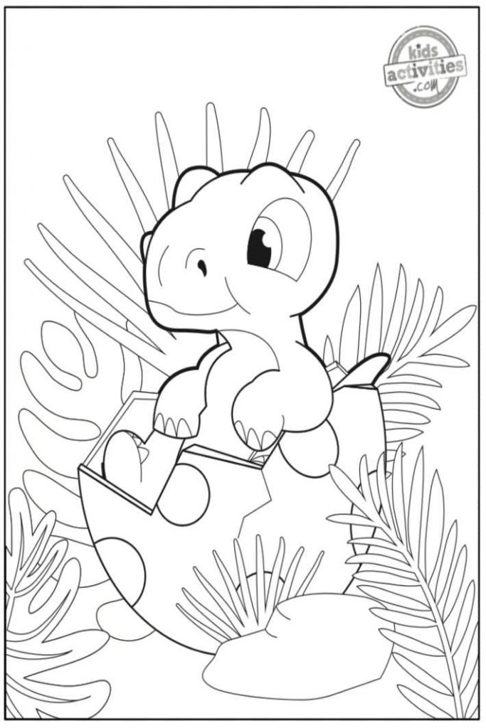 coloriage bébé vélociraptor - version pdf imprimée en noir et blanc de la page de coloriage bébé dinosaure montrant un bébé vélociraptor sortant d'un œuf de dinosaure - Kids Activities Blog