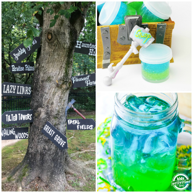 Plus d'idées de fête Fortnite pour les enfants - Panneaux de localisation Fortnite faits maison sur l'arbre, slurp slime et slurp cola