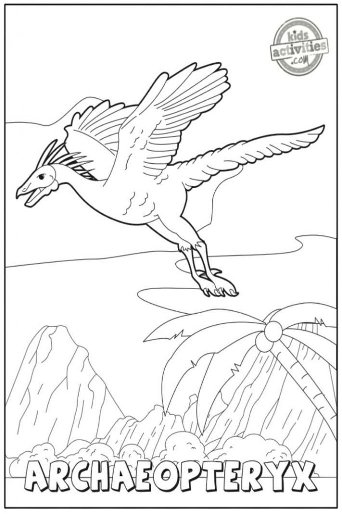 Coloriage Archaeopteryx imprimé pdf de dinosaure Archaeopteryx volant survolant les montagnes - Blog d'activités pour enfants
