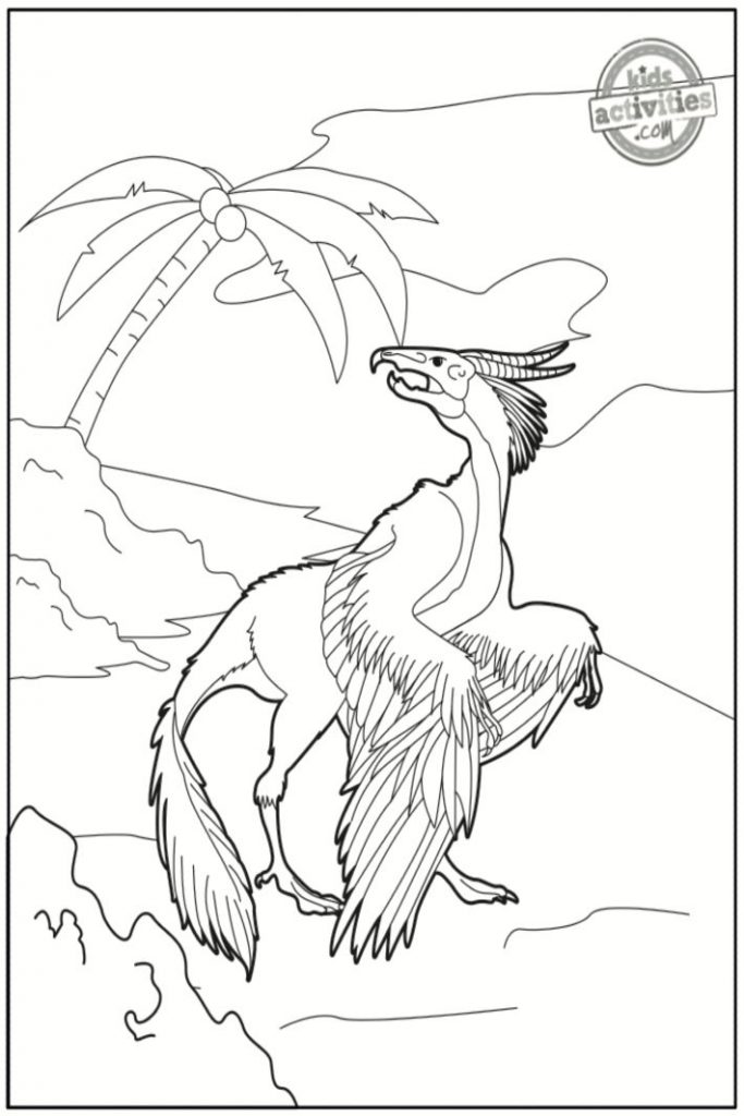 Archaeopteryx Coloring Pages version pdf imprimée de dinosaure regardant par-dessus l'épaule