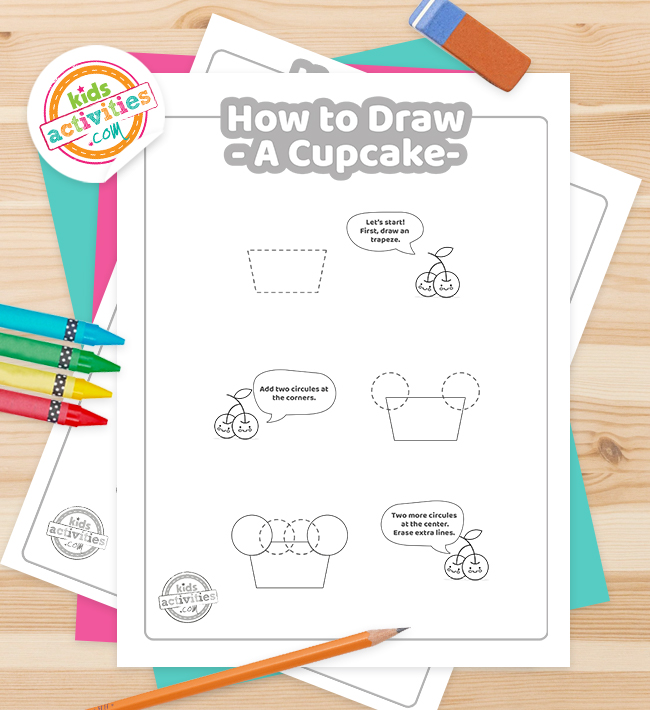 comment dessiner une leçon pdf imprimée de cupcake montrée sur une table entourée de fournitures de dessin et d'art