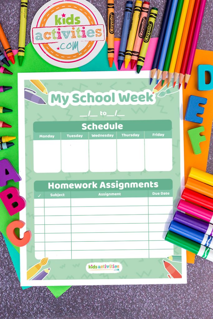 Page de calendrier de devoirs hebdomadaires 