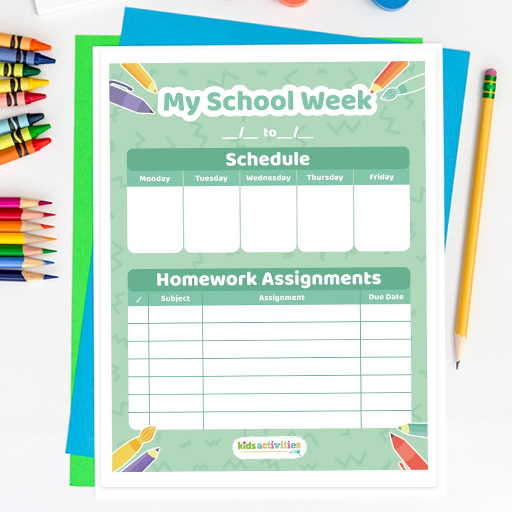 Page du calendrier des devoirs hebdomadaires 