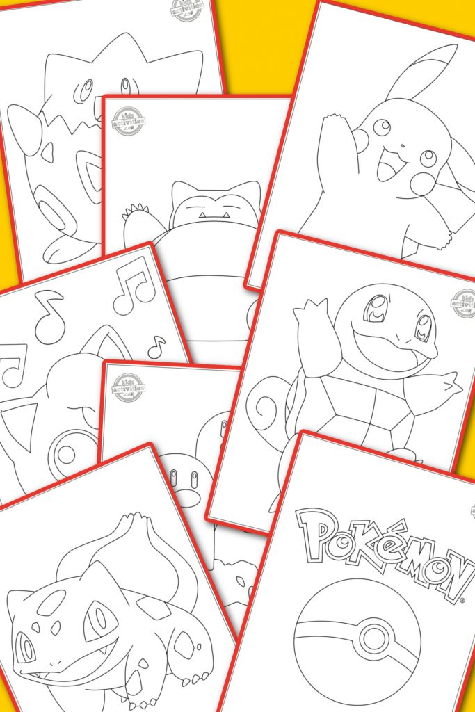 Coloriages Pokemon du blog d'activités pour enfants - 8 pages à colorier sur le thème de Pokemon imprimées en pdf sur fond jaune comprenant un coloriage Poke ball, un coloriage Pikachu, un coloriage Ronflex, un coloriage Jigglypuff, un coloriage Dugtrio, un coloriage Bulbizarre, un coloriage Carapuce et un coloriage Togepi page