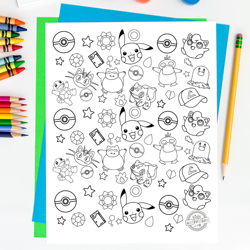 Pokemon doodle art coloriages pour adultes version pdf imprimée montrée sur fond blanc avec des fournitures de coloriage