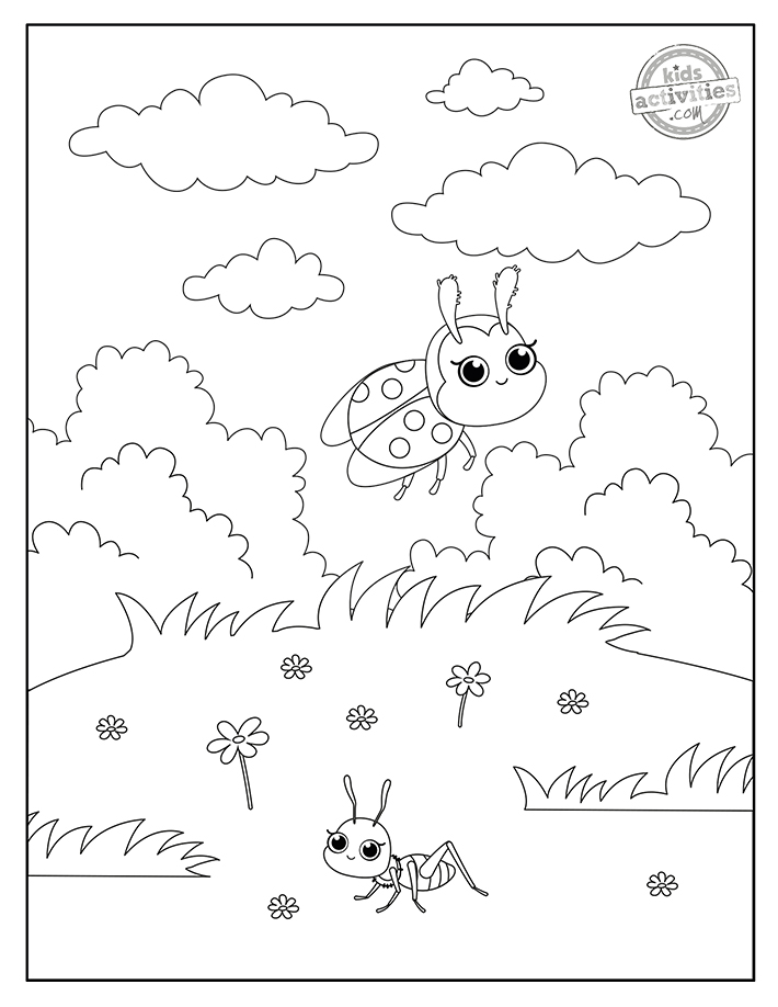 Pages à colorier d'insectes version pdf imprimée des pages à colorier d'insectes montrant une coccinelle volant dans le ciel au-dessus de fleurs