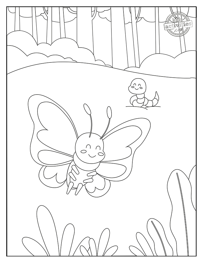 Coloriages d'insectes - coloriage d'insectes mignons illustré avec papillon et chenille sur une pelouse