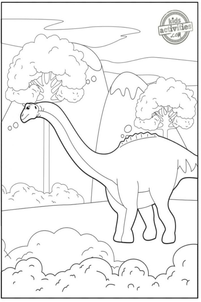 Page de coloriage Apatosaurus fichier pdf imprimé illustré avec un dinosaure apatosaurus marchant dans une forêt - Blog d'activités pour enfants