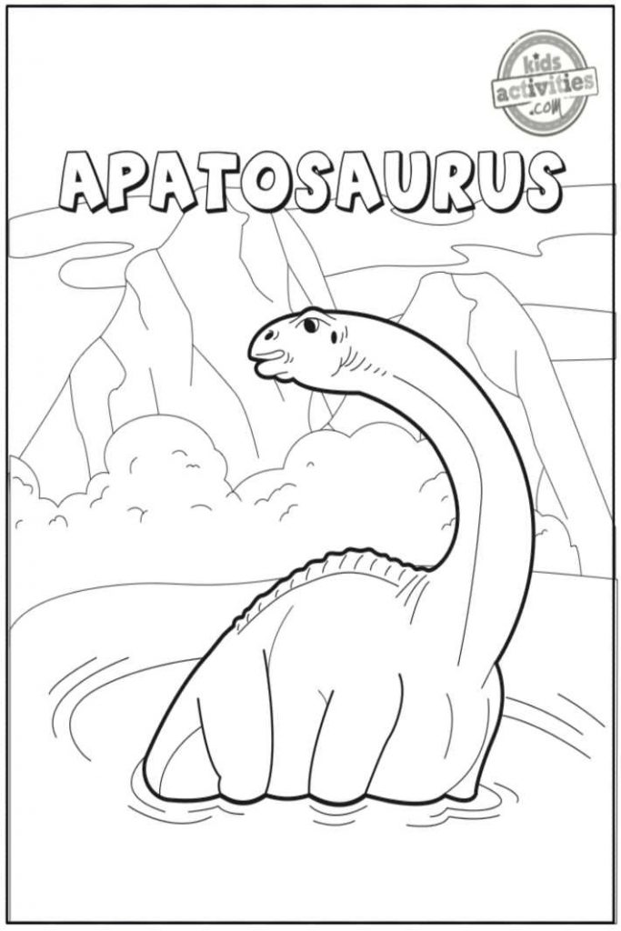 Apatosaurus coloriage imprimé pdf avec mot, Apatosaurus, image de dinosaure dans un lac pour les enfants à colorier - Kids Activities Blog