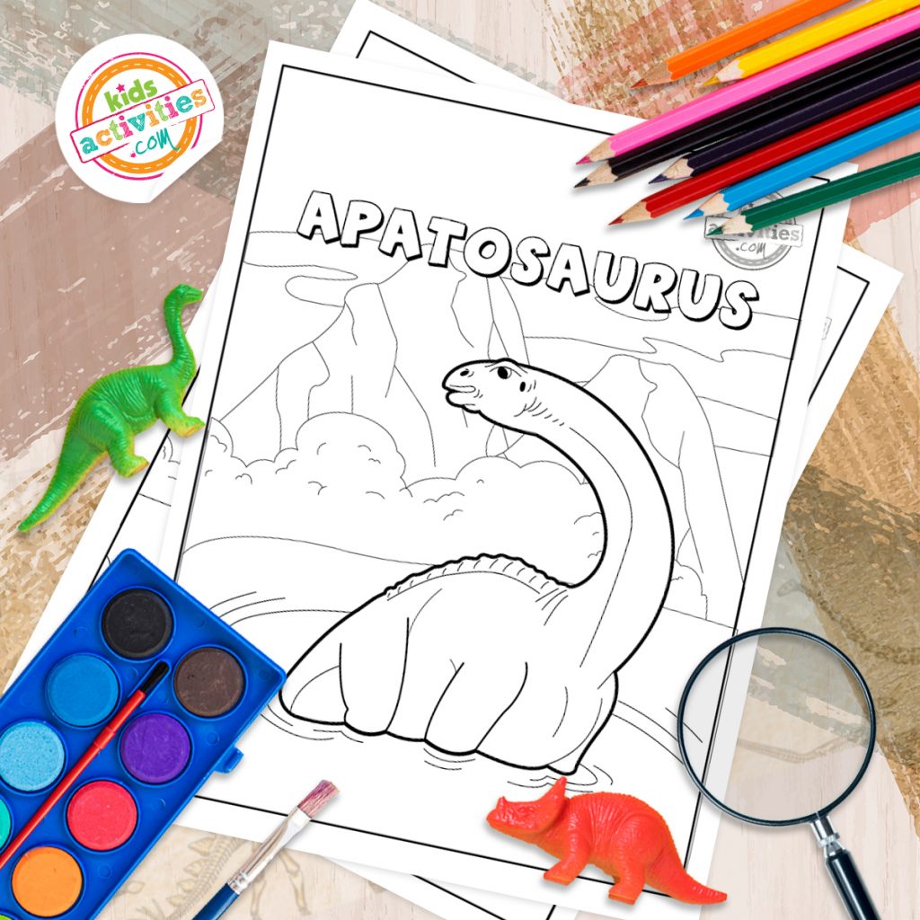 pages à colorier de dinosaures montrées sur fond de dinosaure avec des jouets et des fournitures de coloriage dino - Blog d'activités pour enfants