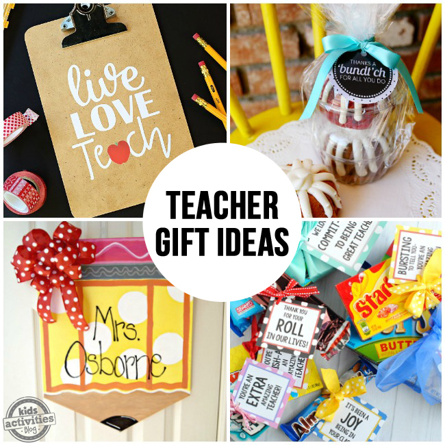 De jolies idées de cadeaux pour les enseignants comme un presse-papiers personnalisé, un gâteau Bundt, un crayon et des bonbons avec de jolies étiquettes.