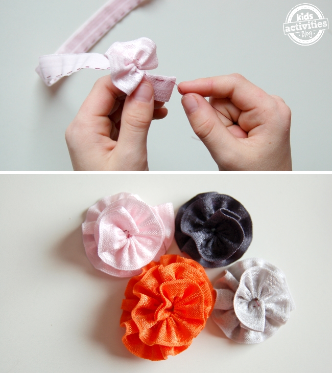 comment faire des fleurs en ruban - étapes faciles - faites des points lâches sur un côté du ruban, puis tirez le fil pour serrer et le vent se rassemble en formes de fleurs et fixez-le
