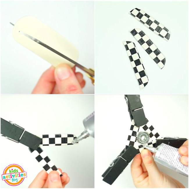 Instructions Fidget Spinner - étape par étape en commençant par couper les bâtons d'artisanat pour coller le roulement de patin en place.