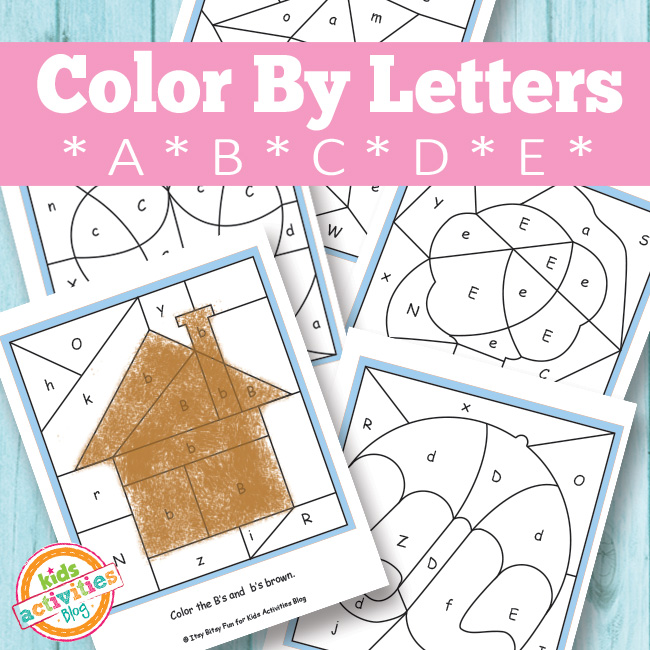 Color By Letters Free Printables pour les enfants d'âge préscolaire et les jardins d'enfants présentés ici sous forme de pdf imprimé sur fond bleu avec le texte : Color by letter A, B, C, D, E et le logo Kids Activities Blog