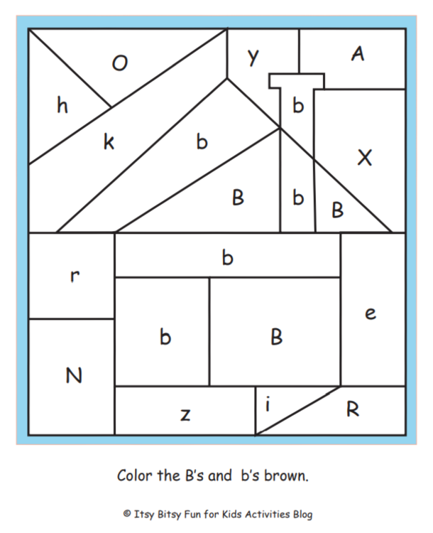 lettre b couleur par lettre feuille de travail pdf illustrée avec les instructions pour colorer le b en marron - Kids Activities Blog