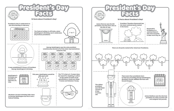 2 pages de pages à colorier pdf imprimées pour la journée du président avec 15 faits amusants sur le président pour que les enfants apprennent et créent de l'art à colorier.