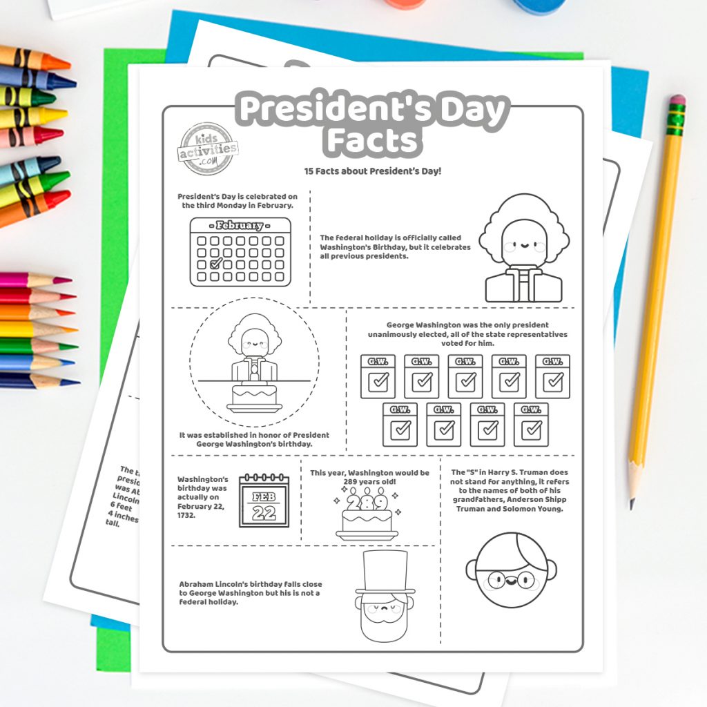 faits de la journée des présidents version pdf imprimée affichée sur un tableau blanc avec des fournitures de coloriage
