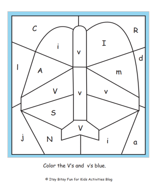lettre V couleur par lettre feuille de travail pdf illustrée avec les instructions pour colorier le V bleu - Kids Activities Blog
