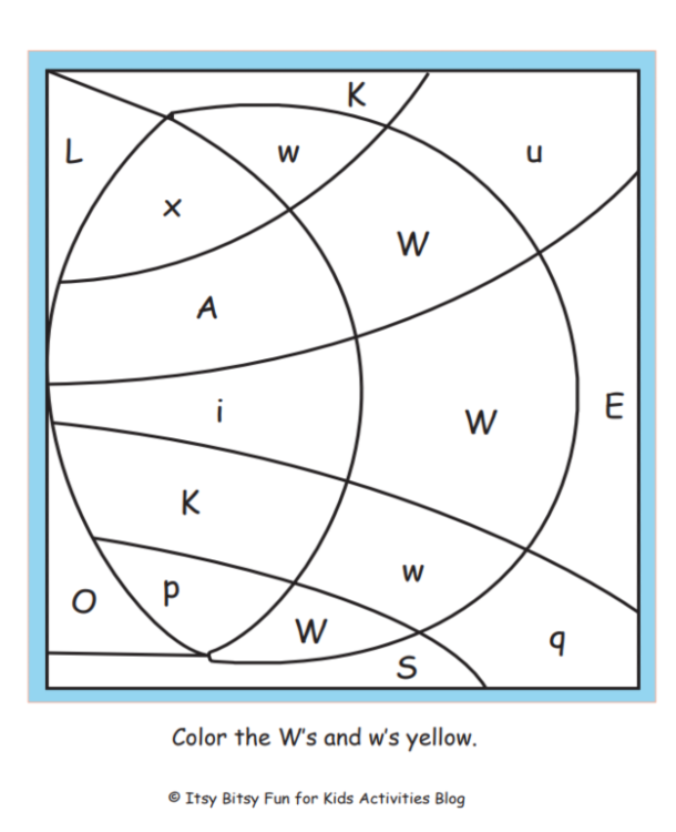 lettre W couleur par lettre feuille de travail pdf illustrée avec les instructions pour colorier le Wyello-Kids Activities Blog