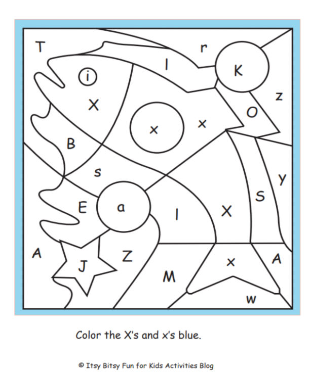 lettre X couleur par lettre feuille de travail pdf illustrée avec les instructions pour colorier le X bleu - Blog d'activités pour enfants