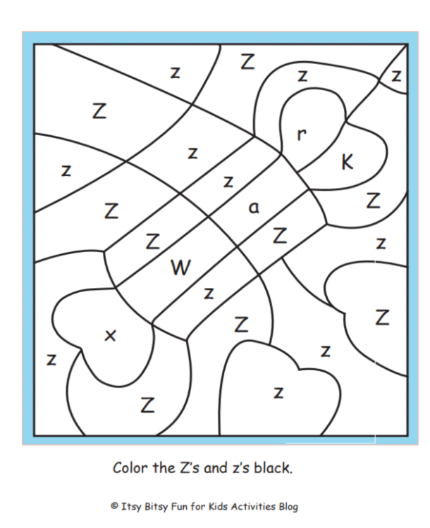 lettre Z couleur par lettre feuille de travail pdf illustrée avec les instructions pour colorier le z noir- Kids Activities Blog