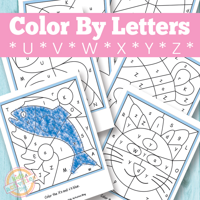 Color By Letters Free Printables pour les enfants d'âge préscolaire et les jardins d'enfants présentés ici sous forme de pdf imprimé sur fond bleu avec le texte : Color by letter U, V, W, X, Y, Z and the Kids Activities Blog logo