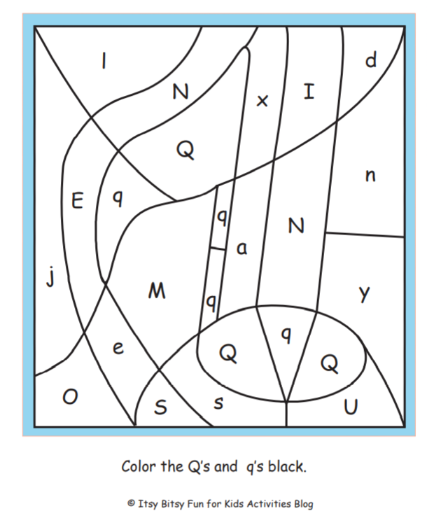 lettre q couleur par lettre feuille de travail pdf illustrée avec les instructions pour colorier le q noir - Kids Activities Blog