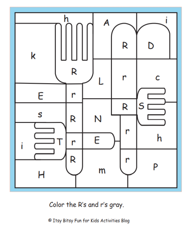 lettre R couleur par lettre feuille de travail pdf illustrée avec les instructions pour colorier le R gris - Kids Activities Blog