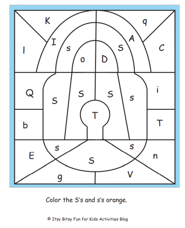 lettre S couleur par lettre feuille de travail pdf illustrée avec les instructions pour colorier le s orange - Kids Activities Blog