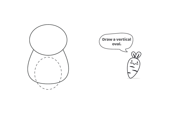 Étape 3 - Comment dessiner une leçon de lapin - dessinez maintenant une forme ovale verticale - ovale vertical en pointillés indiqué à côté de la carotte qui enseigne la leçon - Blog d'activités pour enfants