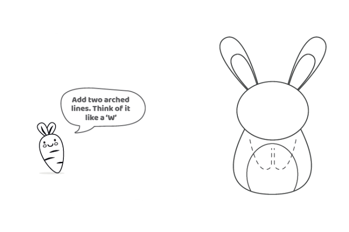 Étape 5 - Comment dessiner une leçon de lapin - ajoutez deux lignes arquées comme un W sous la tête du lapin - la forme de la lettre W en pointillés s'affiche à côté de la carotte qui enseigne la leçon - Blog d'activités pour enfants