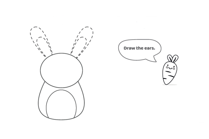 Étape 4 - Comment dessiner une leçon de lapin - dessinez ensuite les oreilles de lapin - deux boucles d'oreilles de lapin de chaque côté en lignes pointillées indiquées à côté de la carotte qui enseigne la leçon - Blog d'activités pour enfants