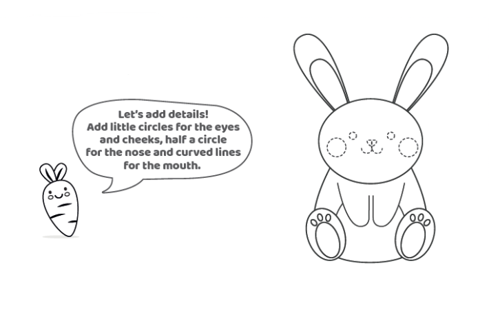 Étape 8 - Comment dessiner une leçon de lapin - ajoutons des détails, ajoutons de petits cercles pour les yeux et les joues, un demi-cercle pour le nez et des lignes courbes pour la bouche - des formes détaillées affichées en pointillés à côté de la carotte qui enseigne la leçon - Blog d'activités pour enfants