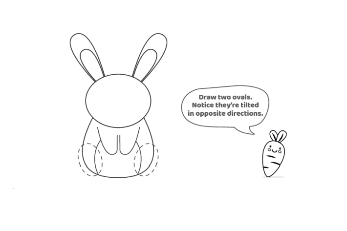 Étape 6 - Comment dessiner une leçon de lapin - dessinez deux ovales inclinés dans des directions opposées pour les pattes de lapin - ovales en pointillés indiqués à côté de la carotte qui enseigne la leçon - Blog d'activités pour enfants