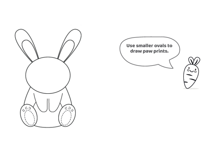 Étape 7 - Comment dessiner une leçon de lapin - utilisez des ovales plus petits pour les empreintes de pattes à l'intérieur des ovales que vous venez de dessiner - des ovales plus petits en pointillés indiqués à côté de la carotte qui enseigne la leçon - Blog d'activités pour enfants