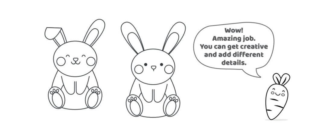 Terminé - Comment dessiner une leçon de lapin - dessinez d'abord un ovale - ovale en pointillés indiqué à côté de la carotte qui enseigne la leçon - Blog d'activités pour enfants