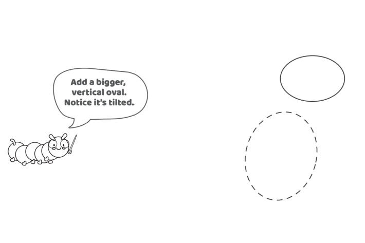 Étape 2 - Comment dessiner la lettre bulle A - Blog d'activités pour enfants - texte : Ajoutez un ovale vertical plus grand. Remarquez qu'il est incliné - dans l'exemple de la lettre à bulles, il y a maintenant deux ovales