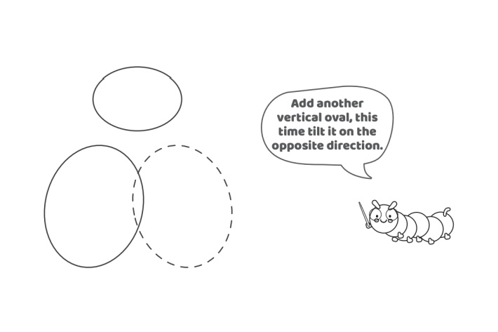 Étape 3 - Comment dessiner la lettre bulle A - Blog d'activités pour enfants - texte : ajoutez un autre ovale vertical, cette fois inclinez-le dans la direction opposée - dans l'exemple de la lettre bulle, l'autre côté de la lettre bulle A est dessiné