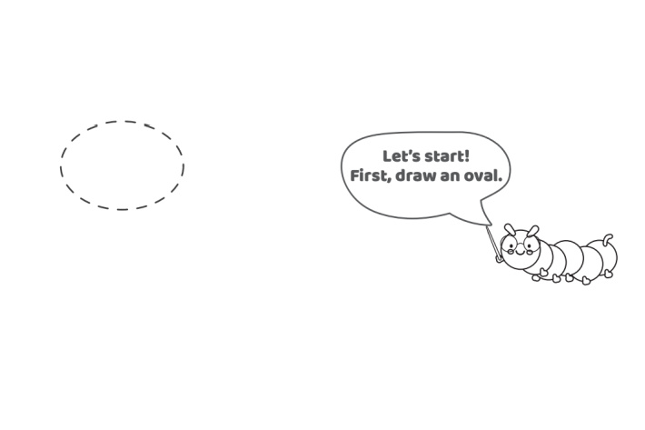 Étape 1 - Comment dessiner la lettre à bulles A - Blog d'activités pour enfants Étape 1 - Comment dessiner la lettre bulle A - Blog d'activités pour enfants - texte : commençons ! Tout d'abord, dessinez un ovale - l'exemple de la formation de lettres à bulles montre un petit dessin ovale avec des lignes pointillées