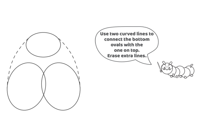 Étape 4 - Comment dessiner la lettre à bulles A - Blog d'activités pour enfants - texte : utilisez deux lignes courbes pour relier les ovales du bas à celui du haut - dans l'exemple de la lettre à bulles, les ovales sont reliés par des lignes courbes