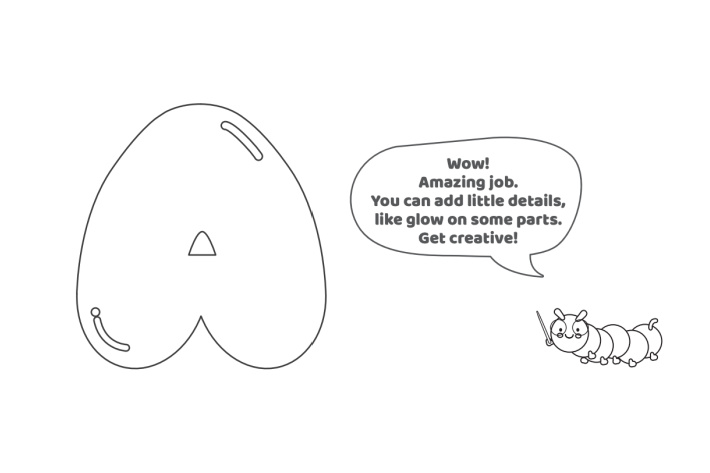 Étape 6 - Comment dessiner la lettre à bulles A - Blog d'activités pour enfants - texte : wow. travail incroyable. vous pouvez ajouter de petits détails comme une lueur sur certaines parties - l'exemple de lettre à bulles montre quelques reflets dessinés dans la lettre A