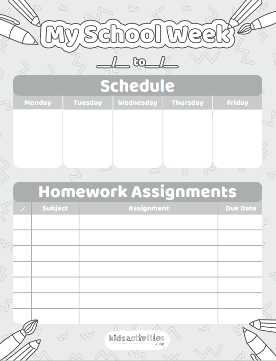 version noir et blanc du calendrier de devoirs imprimé pour que les enfants restent organisés - Kids Activities Blog