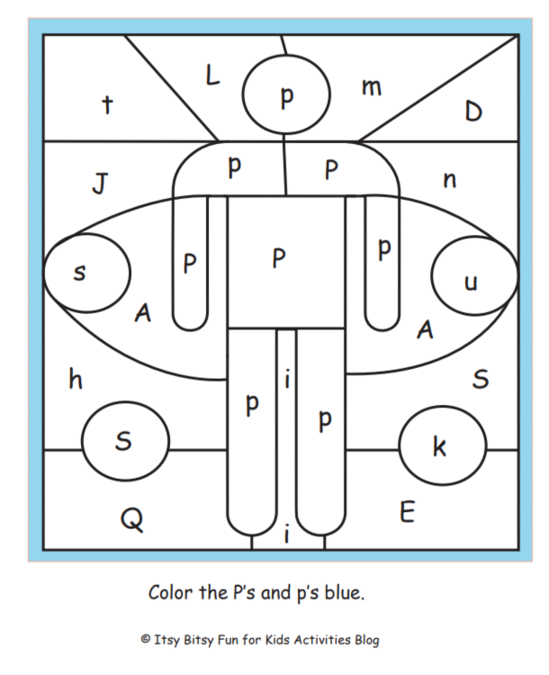 lettre p couleur par lettre feuille de travail pdf illustrée avec les instructions pour colorier les p bleus - Kids Activities Blog