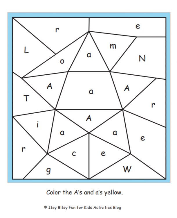 lettre a feuille de travail couleur par lettre pdf illustrée avec les instructions pour colorer les a en jaune -