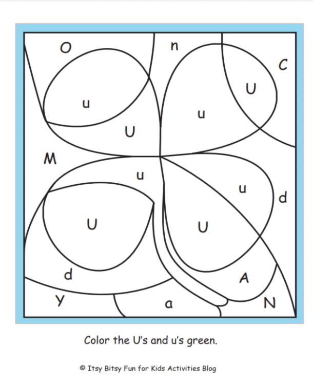 lettre U couleur par lettre feuille de travail pdf illustrée avec les instructions pour colorier le U vert - Kids Activities Blog