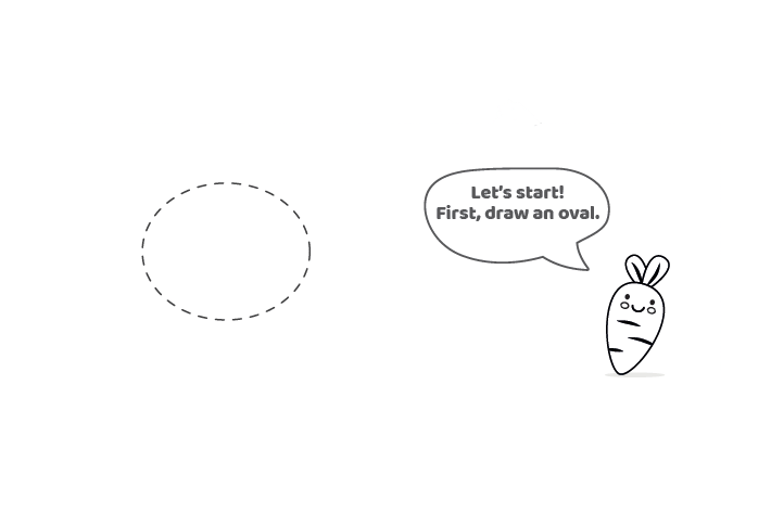 Étape 1 - Comment dessiner une leçon de lapin - dessinez d'abord un ovale - ovale en pointillés indiqué à côté de la carotte qui enseigne la leçon - Blog d'activités pour enfants