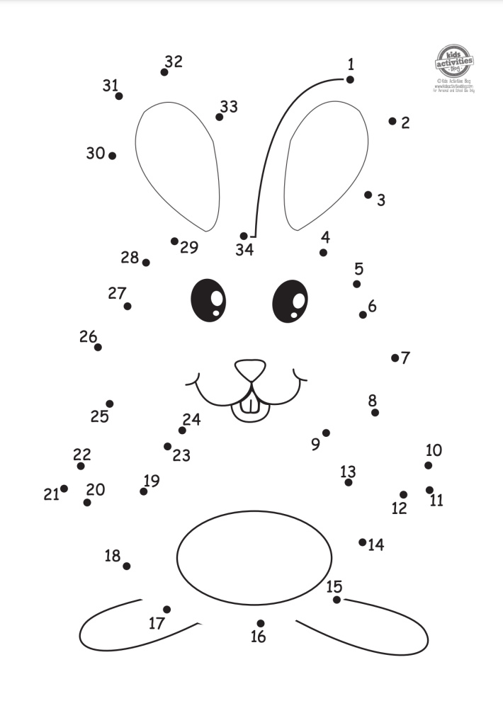 Feuille de travail pdf point à point lapin de Pâques pour le niveau pré-maternelle et maternelle avec les numéros 1-34