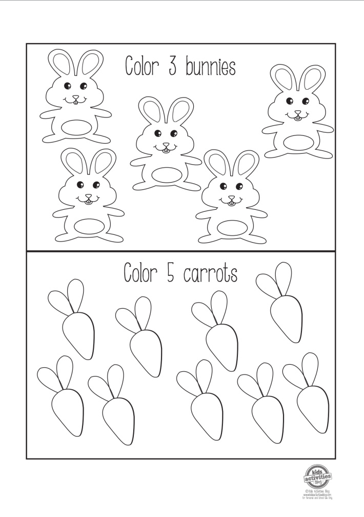 Feuille de travail de Pâques pré-K pdf - activité de comptage et de couleur.  Colorie 3 lapins et colorie 5 carottes de Kids Activities Blog